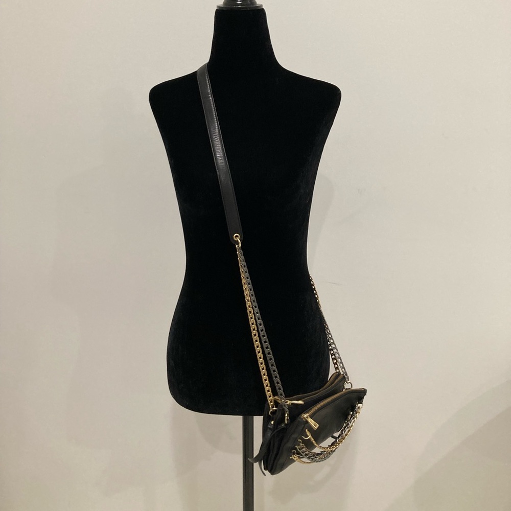ASH Black Leather Convertible Cross Body Purse Gold Silver Chain - Picture 3 of 14